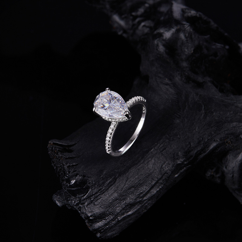 S925 Silver Euro American Cross border New 8 * 12mm Pear shaped Mozambique Diamond Princess Flower Ring for Women - view 4