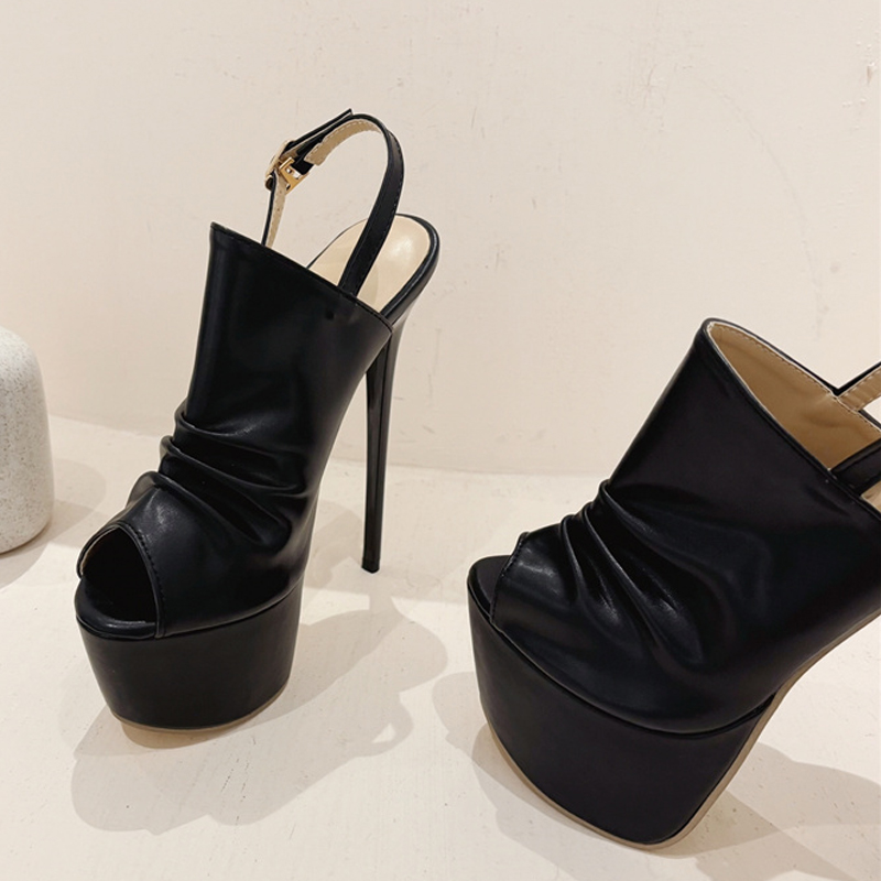 2025 new Summer Liyke Cozy Pleated Leather Women's Super High Heels Platform Sandals Sexy Peep Toe Party Nightclub Stripper Shoes Black fb47