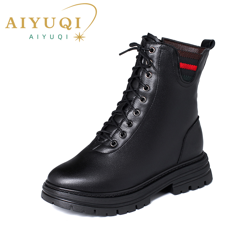 AIYUQI Wome Winter Boots Wool 2024 New Genuine Leather Lace-up Ladies Boots British Style Flat Warm Women Snow Boots