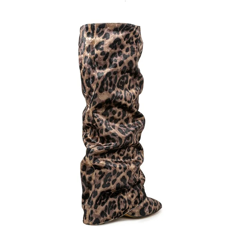 European And American Fashion Wedge Retro Sheepskin Pattern Sleeve Knee High Pleated For Women's Sexy Leopard Print Boots