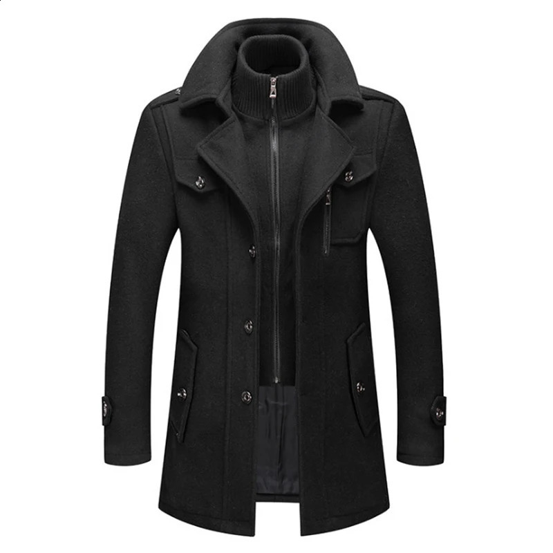 mens wool blend coat for autumn and winter solid color cold resistant mens wool coat double neck casual trench coat 240912