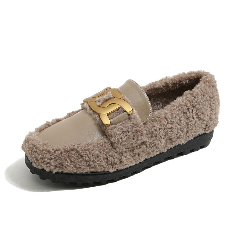 white woman snow fur designer metal chains lambwool moccasins flats platform cotton shoes for women plush loafers size 43
