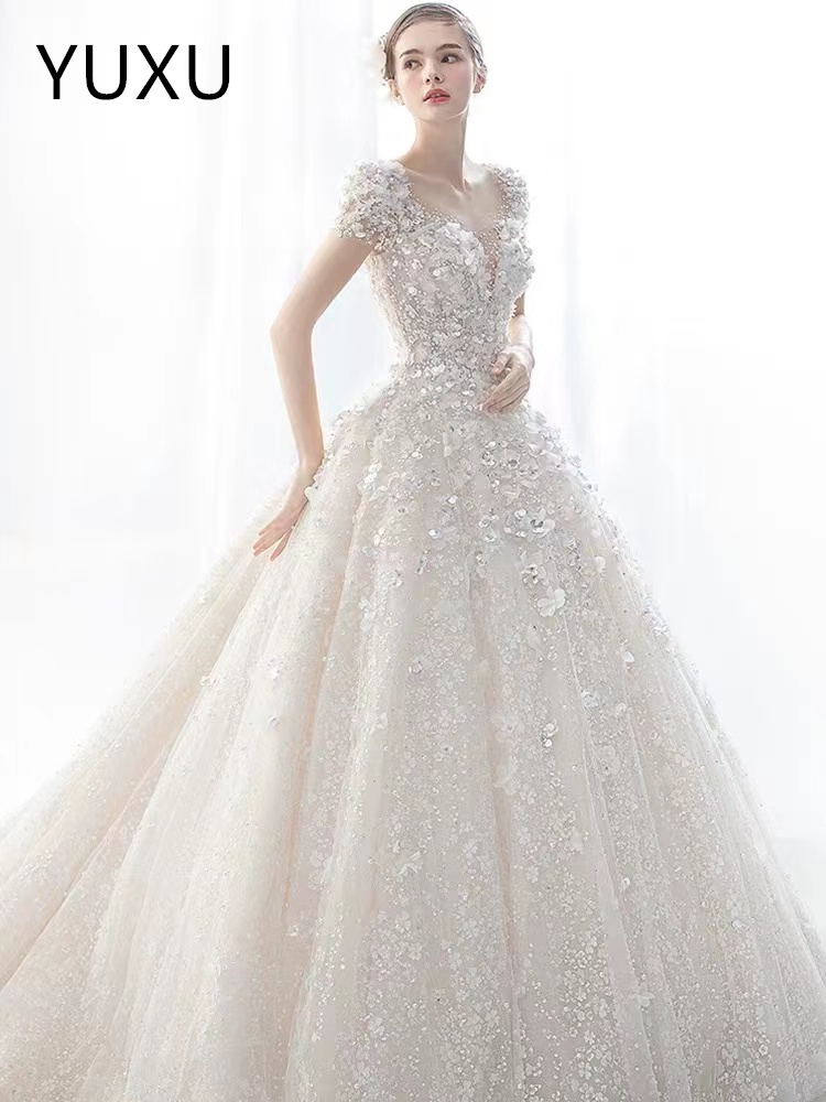 Elegant luxury Wedding Dresses Short Sleeves Lace Up A Line Court Train Custom Made boho Wed Dress Sweetheart Princess Illusion Applique Bridal Gowns 
