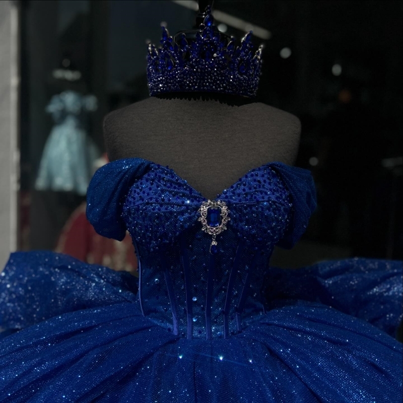 Royal Blue Mexican Quinceanera Dressess Off The Shoulder Sequin Beads Crystal Tull vestido 15 quinceaneras Corset Sweet 16 Dress