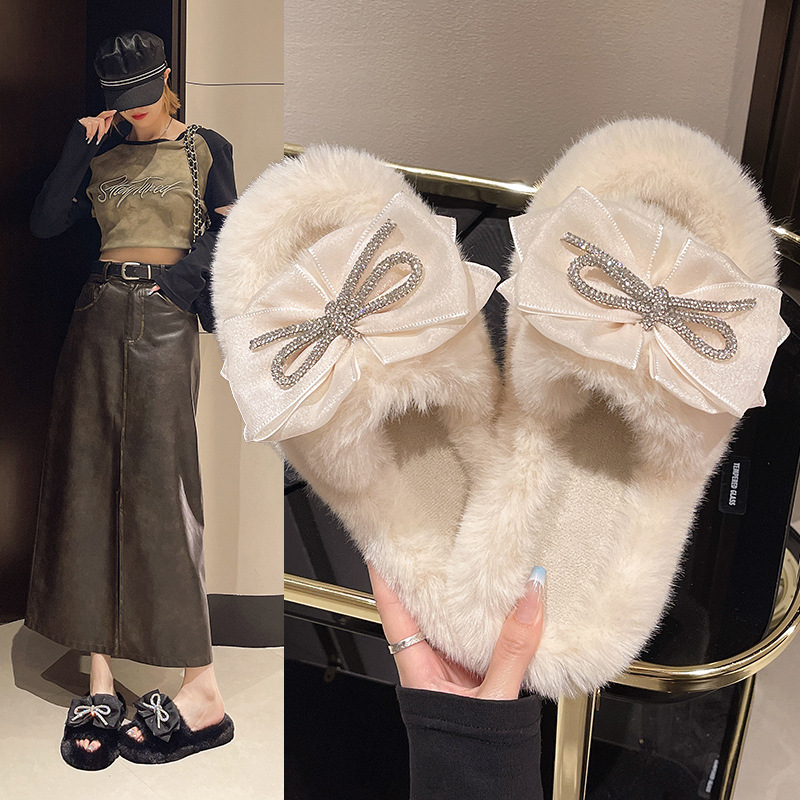 Women's casual and fashionable flat bottom home fur slippers