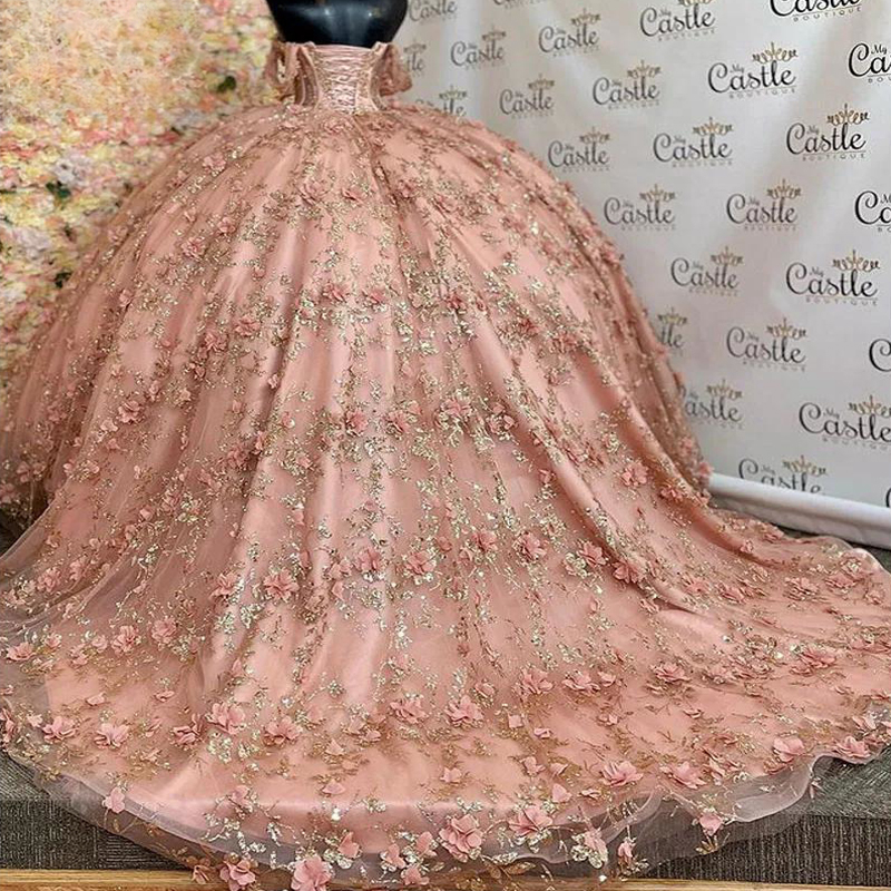 Sparkly Pink Off The Shoulder Corset Quinceanera Dresses Ball Gown 3D wers Sequin Gold Applique Lace Tull Sweet 15 Vestidos De XV Anos