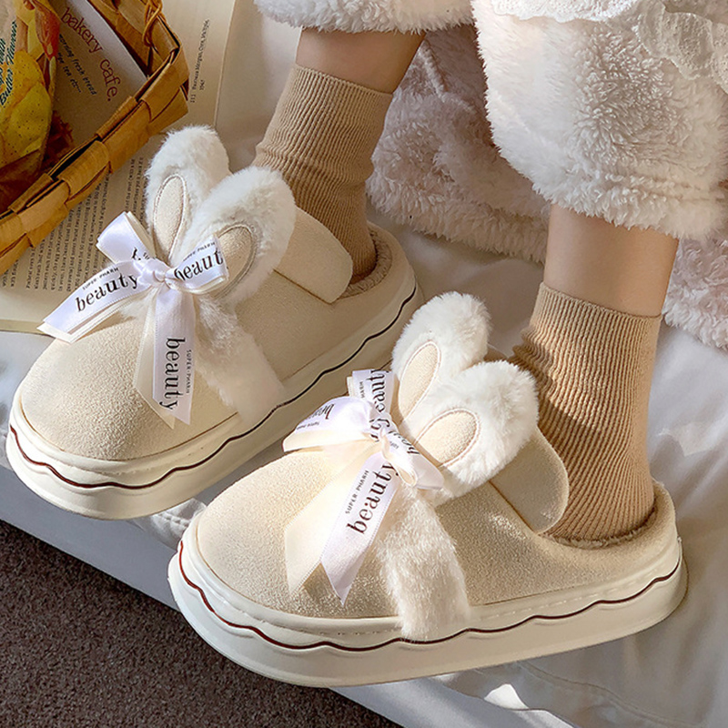 2025 NEW Home Lucyever Rabbit Bow Cotton Slippers for Women Winter Faux Suede Warm Slides Woman Comfy Thick Sole Plush Shoes Female hurenlakeshoes