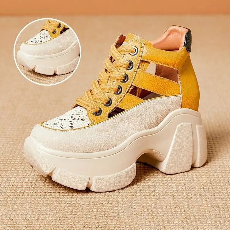 2025 new Hollow Sandals Wedge Heels Leather Sneakers Women High Platform Beach Gothic Punk Casual Breathable Walking Slippers f0e8