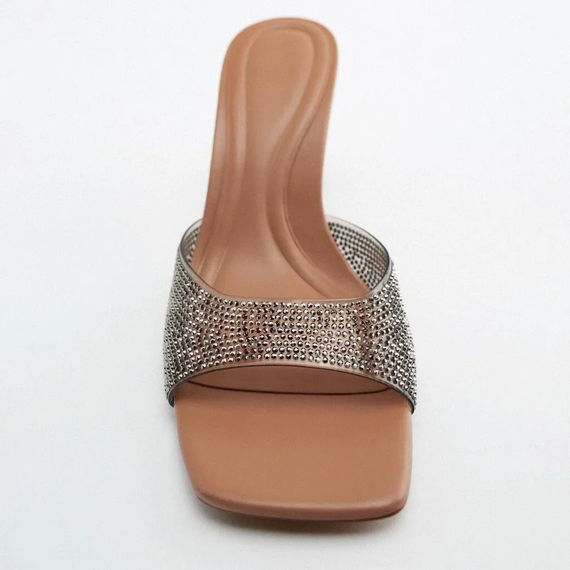 Peep Toe Women's Sandals Summer 2024 High Heels Bright Rhinestones Sexy Transparent PVC Slip-on Trendy Designer Ladies Shoes