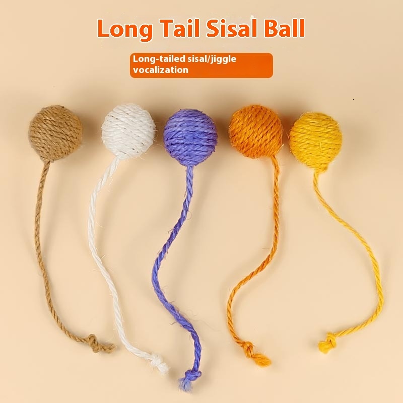 Cat with self satisfied, nibbg on multi-color playful cat toy, sisal ball, grinding teeth, making sound hemp rope tail ball