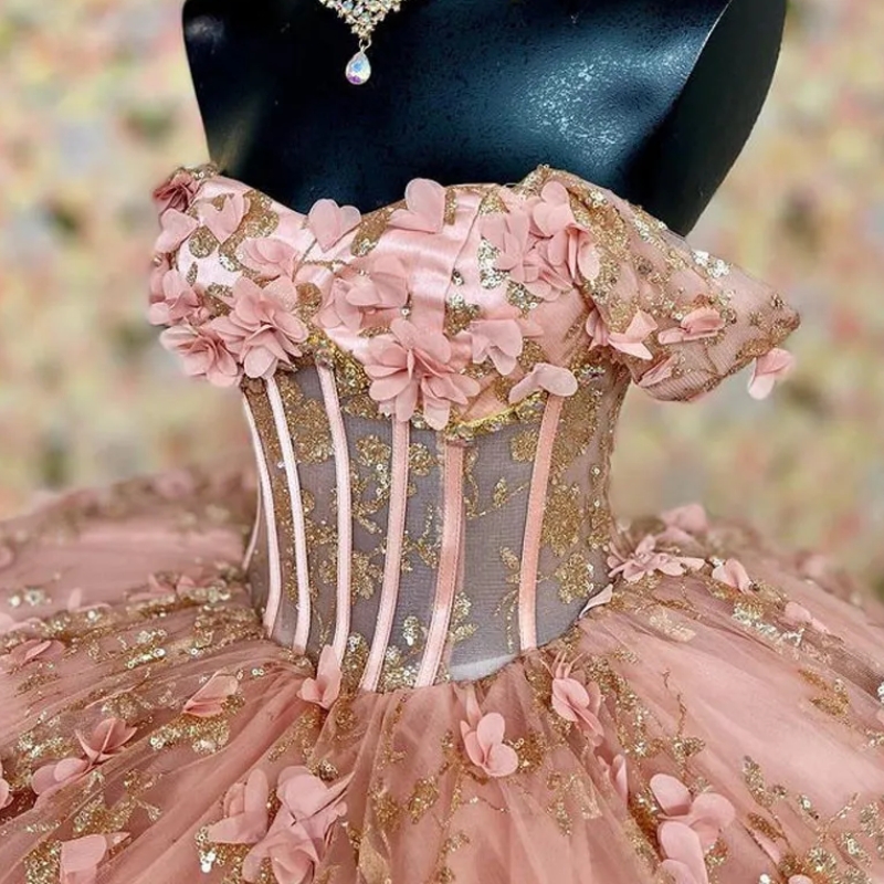 Sparkly Pink Off The Shoulder Corset Quinceanera Dresses Ball Gown 3D wers Sequin Gold Applique Lace Tull Sweet 15 Vestidos De XV Anos