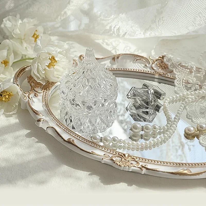 European Decorative Plate Storage Tray Oval Plate Jewelry Display Rotary Candy Decor Tray Mirror Decorative Make Up Mirror 240830