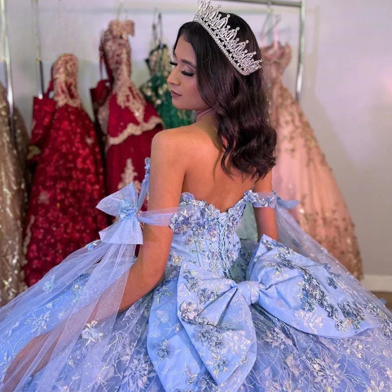 Quinceanera Sweet 16 Dresses With Cape Sequin Lace Applique 3D wer Beads Crystal Tull Off Shoulder Lace-up Vestidos De 15 Anos