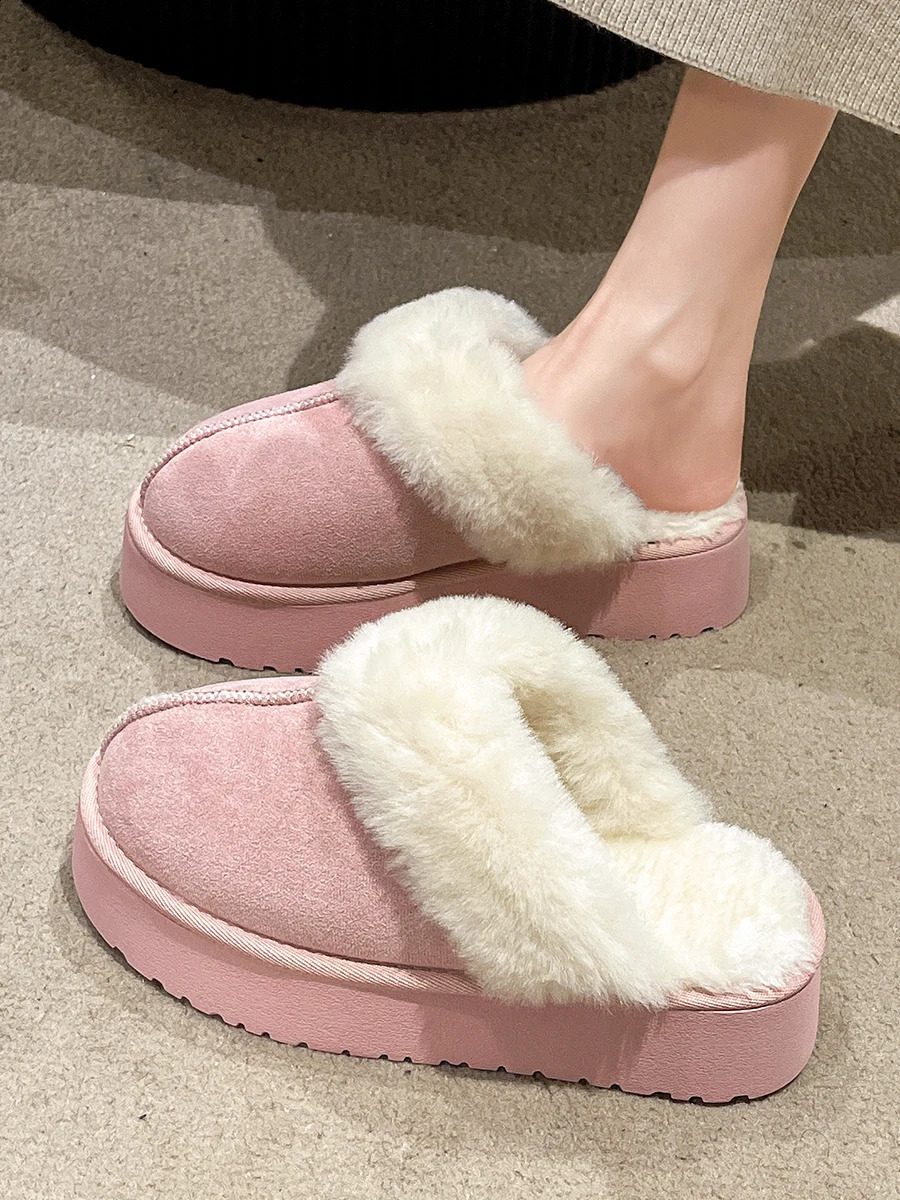 Cover Toe Fur Shoes House Slippers Platform Med Winter Footwear Slipers Women Slides ck Plush Flat Shearg Rubber Snow 240830