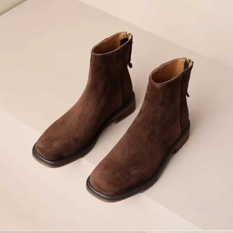 Ladies Shoes Zipper Womens Boots Winter Square Toe Suede Warm Solid Short Barrel Chunky Heels Fashion Boots 240830