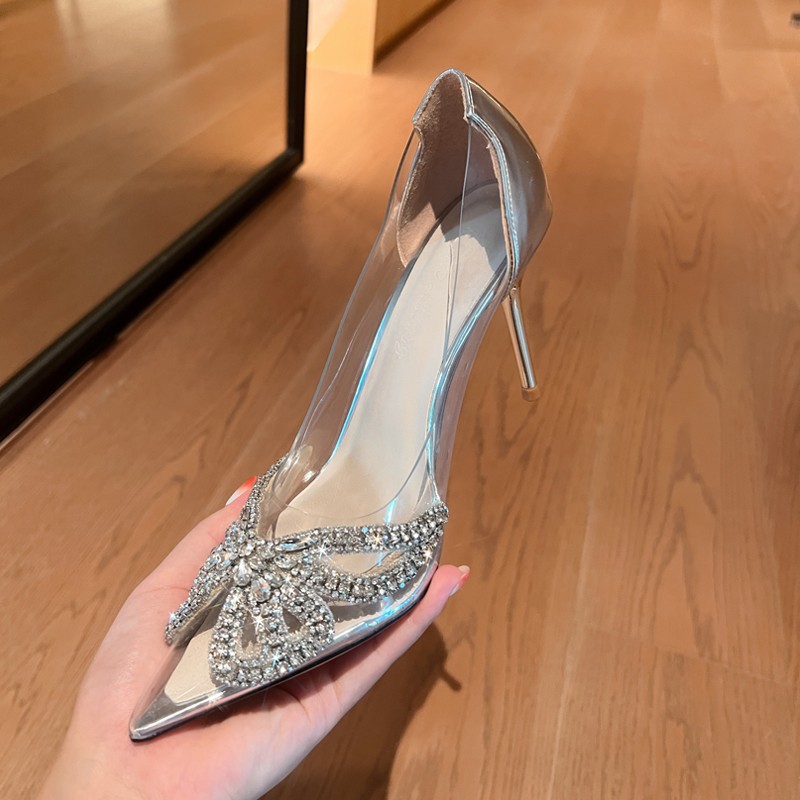 New Summer Women's Fashion Pointed Transparent PVC Rhie Wrapped Back New Buckle High Heel Sandals Banquet Shoes e4d4