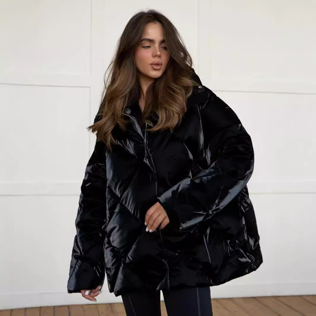 Lingge Cotton Clothing Womens Autumn and Winter New Loose Jacket Matte Glossy Lapel Cotton Jacket Casual Jacket