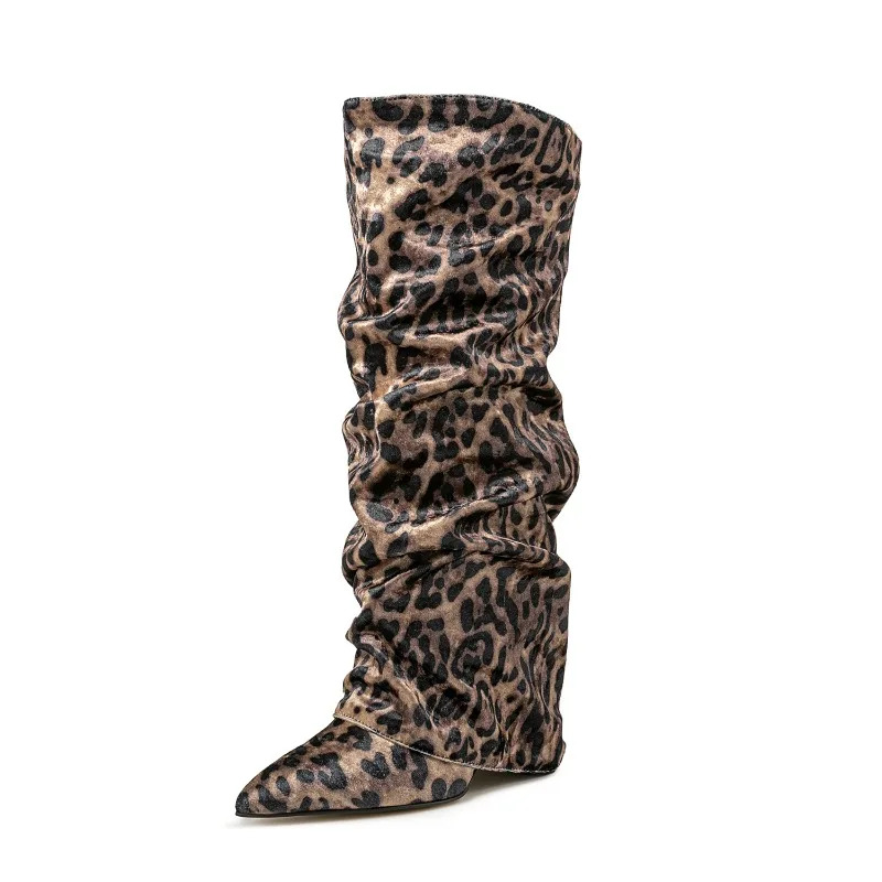 European And American Fashion Wedge Retro Sheepskin Pattern Sleeve Knee High Pleated For Women's Sexy Leopard Print Boots