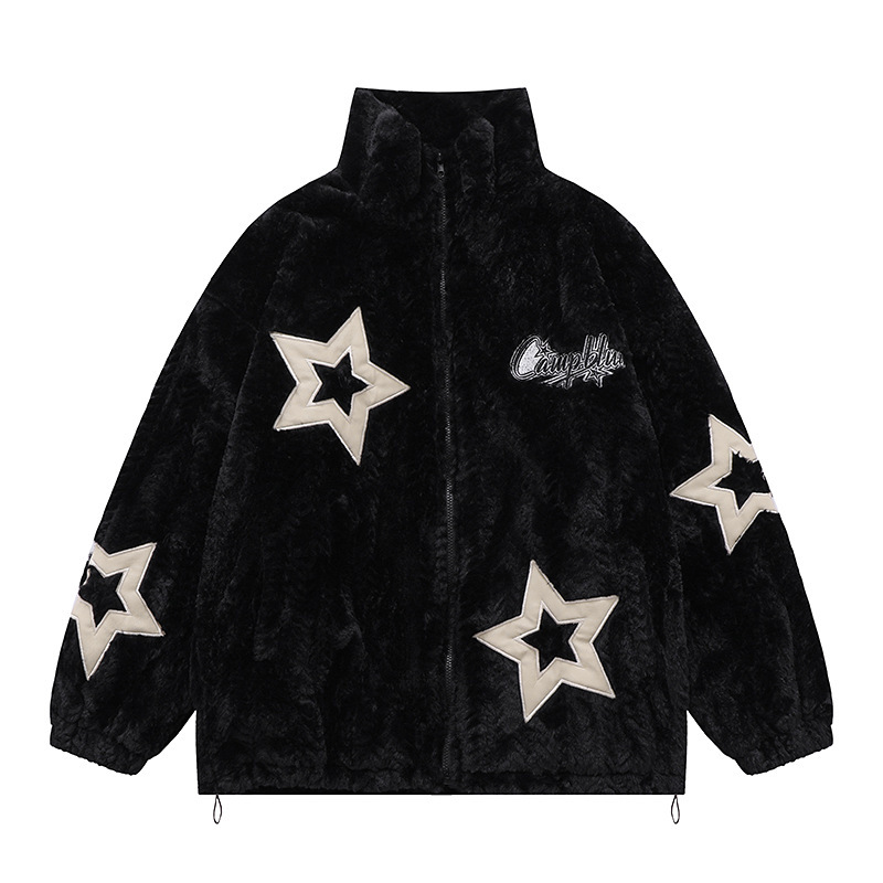Embroidered Star Plush Thick Coat Trendy Style Harajuku Lazy Bf Style Loose Couple Cotton Jacket