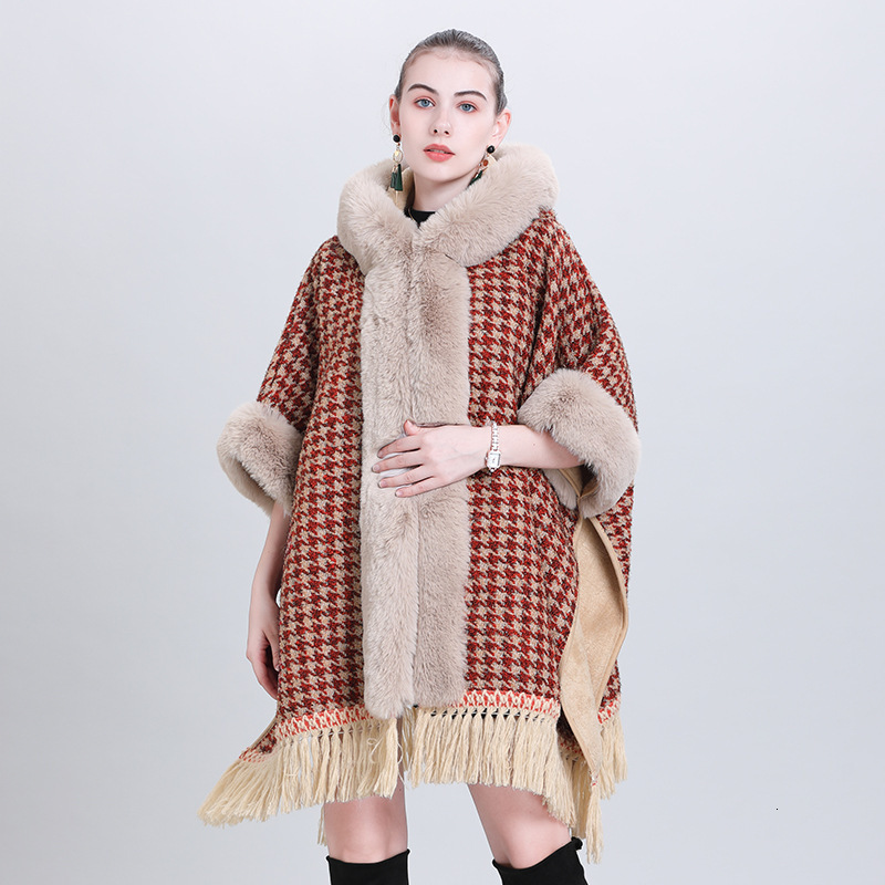 Autumn and Winter New Cape Shawl Loose and Plush Thick Fur Collar Hooded Tassel Cardigan Shawl Cloak Outerwear 1186