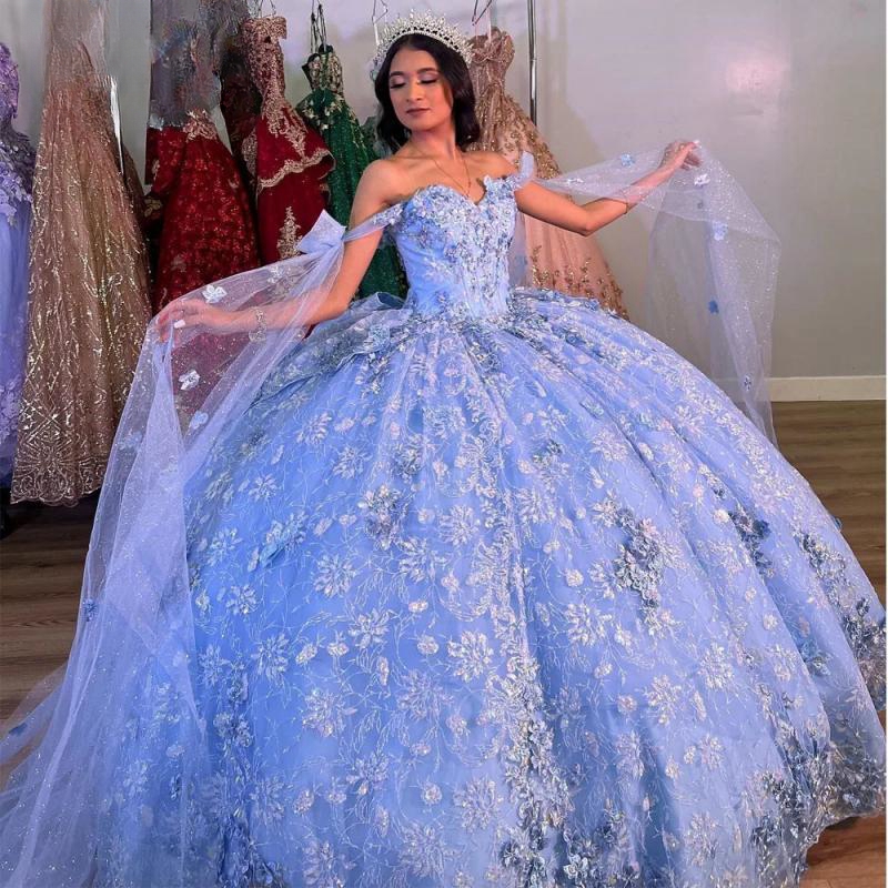 Quinceanera Sweet 16 Dresses With Cape Sequin Lace Applique 3D wer Beads Crystal Tull Off Shoulder Lace-up Vestidos De 15 Anos