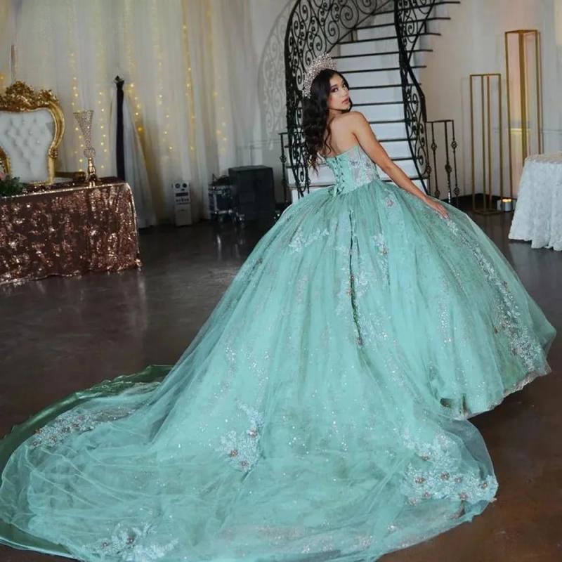 Mint Green Quinceanera Dresses Ball Gown 2024 Sweet 16 Dress Off the Shoulder Sequin Appliques Lace Beads Tull Vestido De 15 Anos
