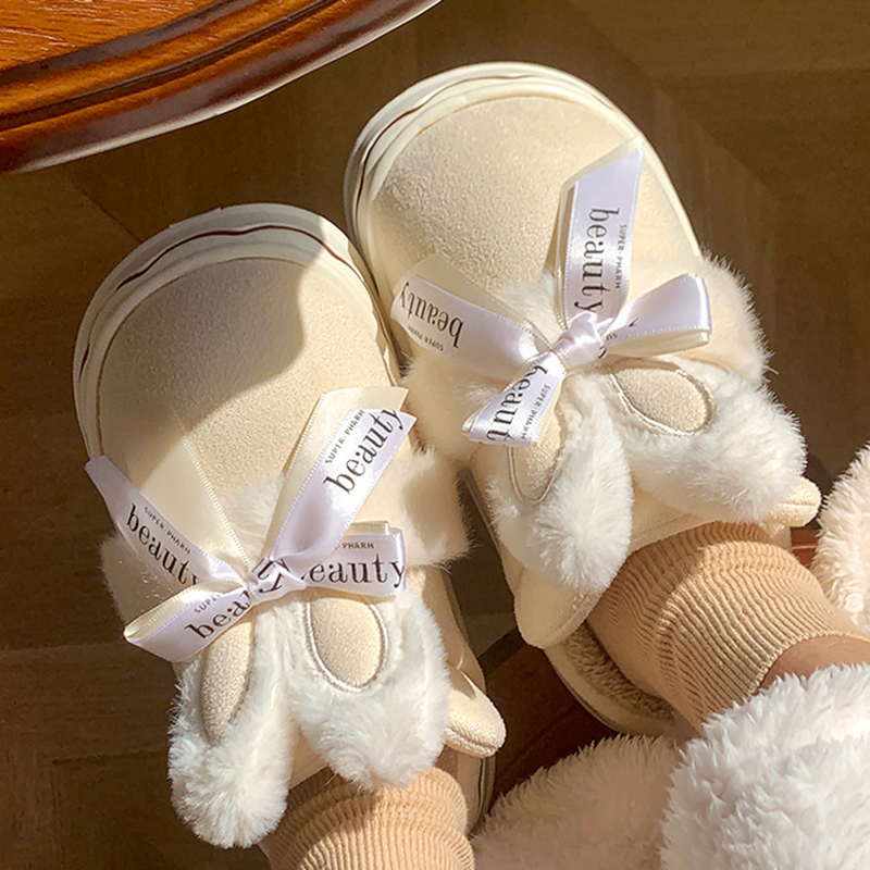 2025 NEW Home Lucyever Rabbit Bow Cotton Slippers for Women Winter Faux Suede Warm Slides Woman Comfy Thick Sole Plush Shoes Female hurenlakeshoes