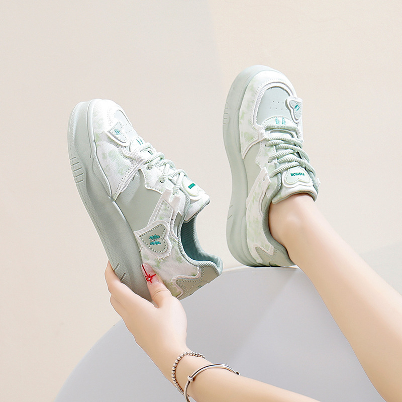 Women's height increasing thick soled pink green color sports and leisure board shoes
