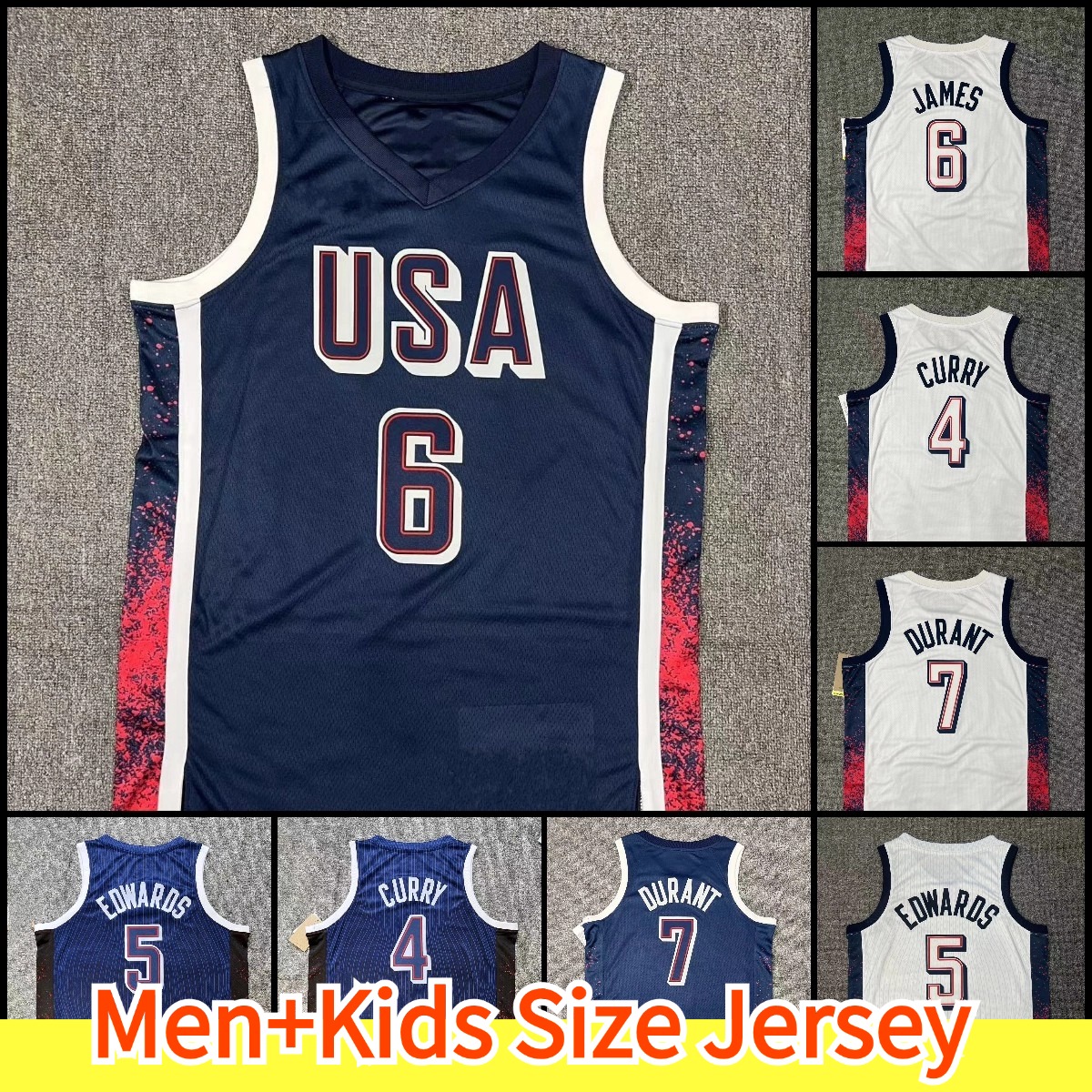 Paris USA Dream Team US Basketball Jerseys James Stephen Curry James Tyrese Haliburton Durant Edwards Navy White Stitched Men Kids Jersey