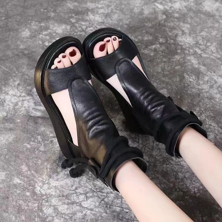 New Retro Soft PU Leather Ladies Cool Boots 2024 Fashion Women Sandals Summer Fish Mouth Sandals Wedges Mid Heels Shoe Sandalias