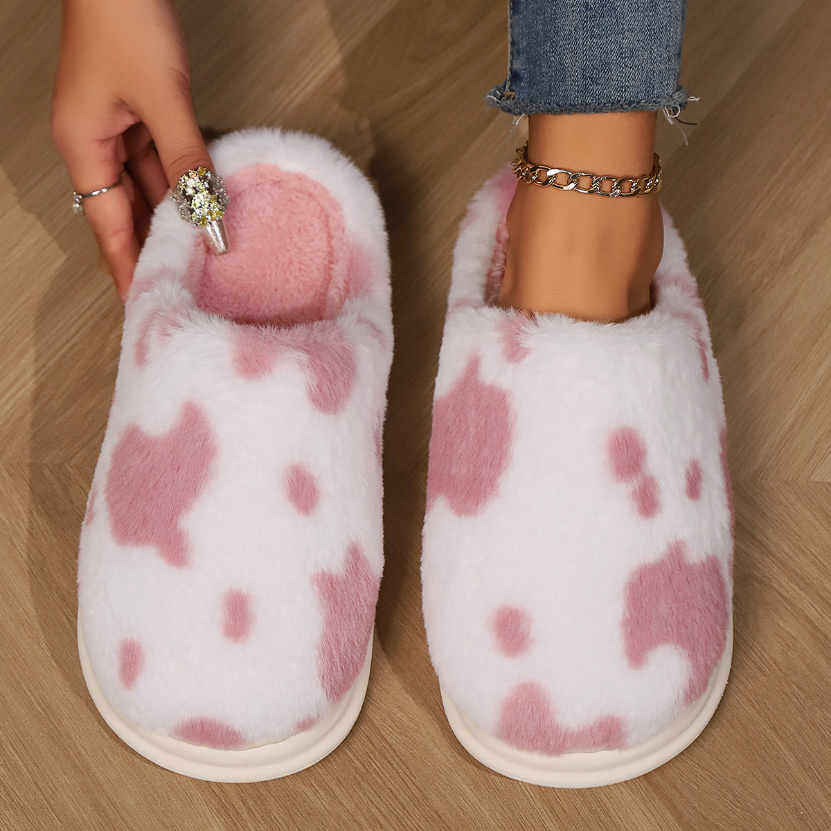 Spotted Baotou Home Anti slip Cotton Slippers with Thick Velvet for Warmth