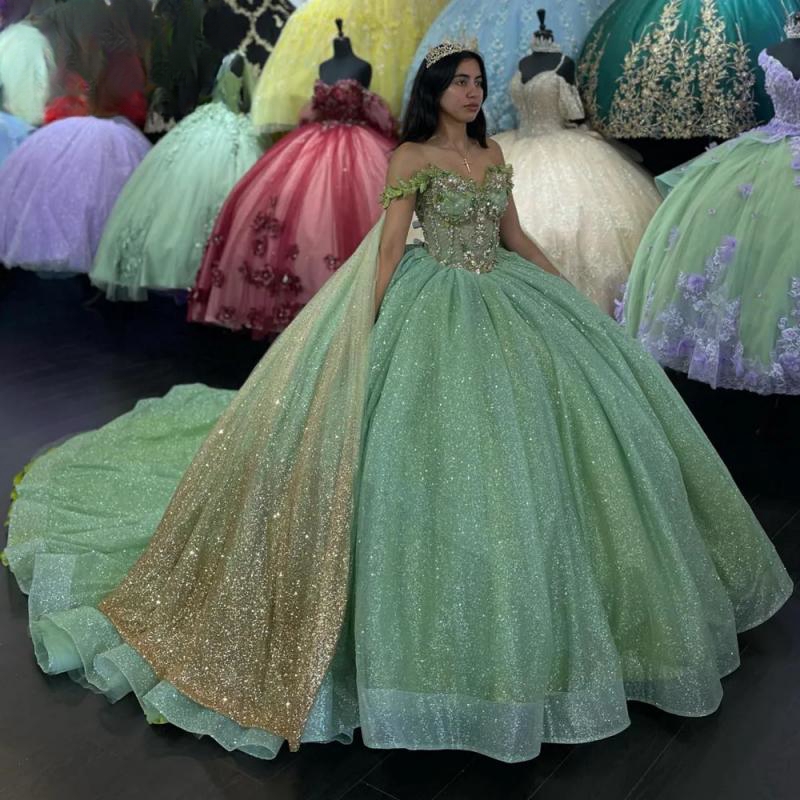 Sparkly Mint Green Off The Shoulder Quinceanera Dresses Applique Lace Beads With Cape Ball Gown Princess vestidos 15 de quinceanera Sweet 16