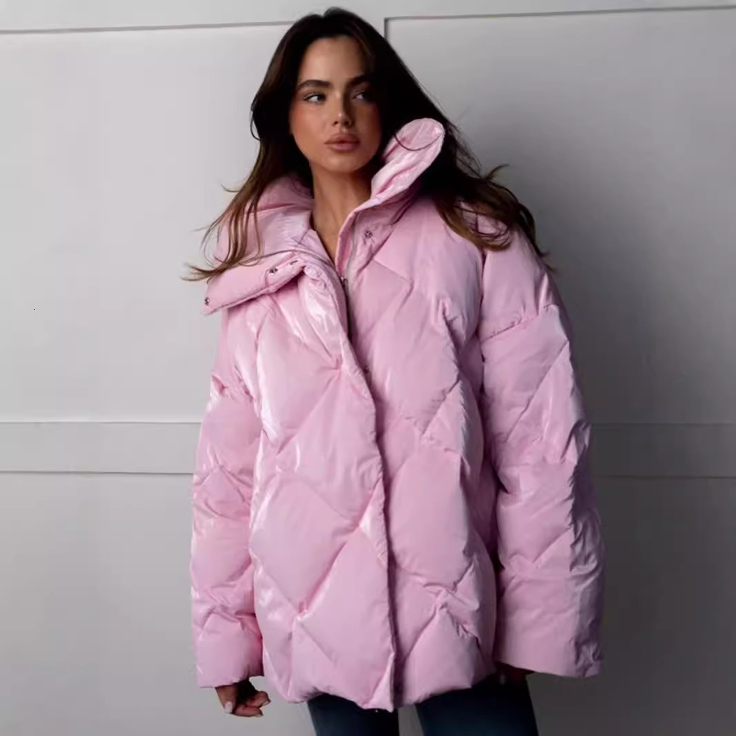 Lingge Cotton Clothing Womens Autumn and Winter New Loose Jacket Matte Glossy Lapel Cotton Jacket Casual Jacket