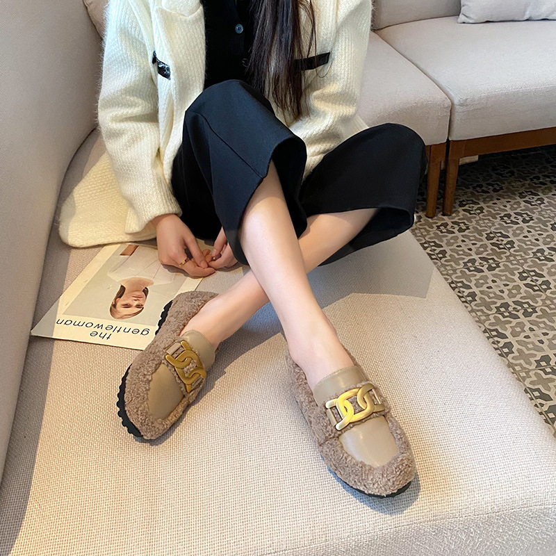 white woman snow fur designer metal chains lambwool moccasins flats platform cotton shoes for women plush loafers size 43