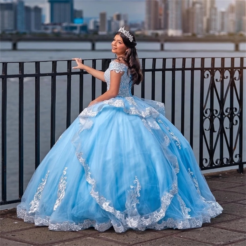 Princess Quinceanera Off Shoulder Lace Appliques Beads Crystal Tull Ball Gown Sweet 16 Dresses Vestidos De 15