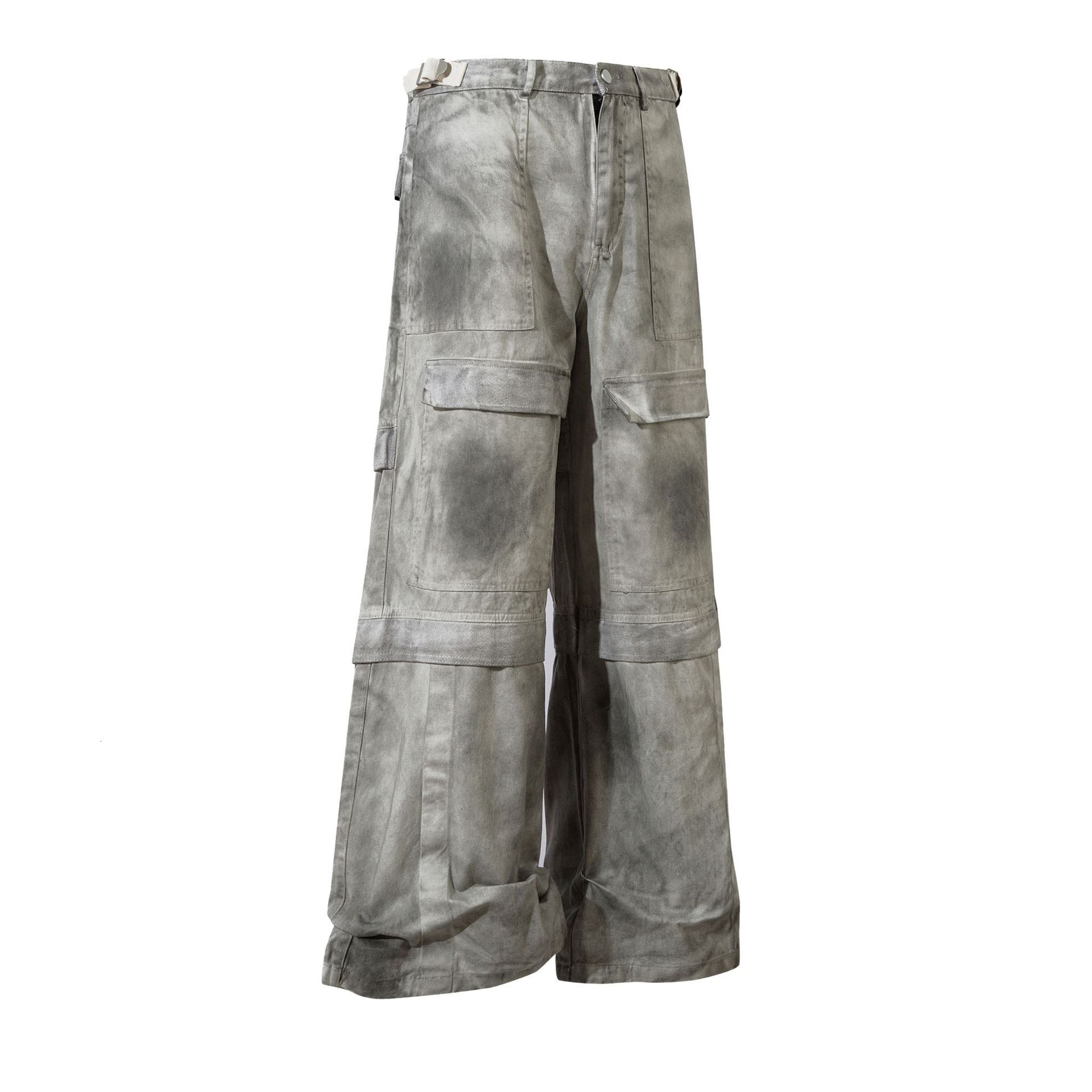 Niche Design Sense High Street Spray Painting Vintage Patchwork Work Pants American Loose Multi Pocket Jeans