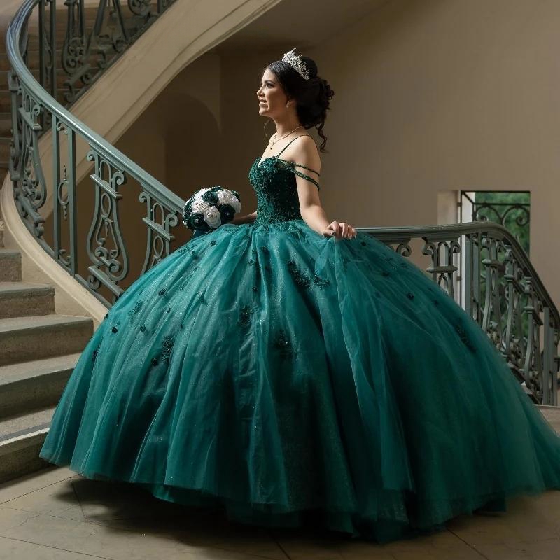 Mexican Dark Green Quinceanera Ball Gown Shiny Lace Applique Beaded Tull Corset Sweet 16 Dress Vestidos De 15 Anos