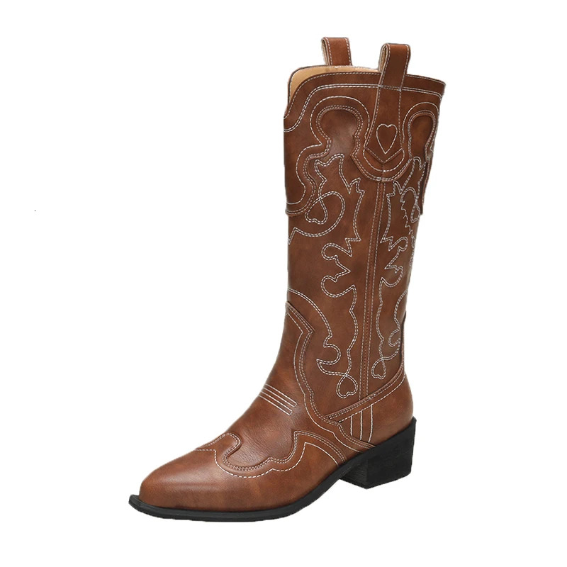 Embroidery Women Western Cowgirl Boots Fashion Slip On Knight Long Booties Autumn Winter Female Thick Heel Shoes