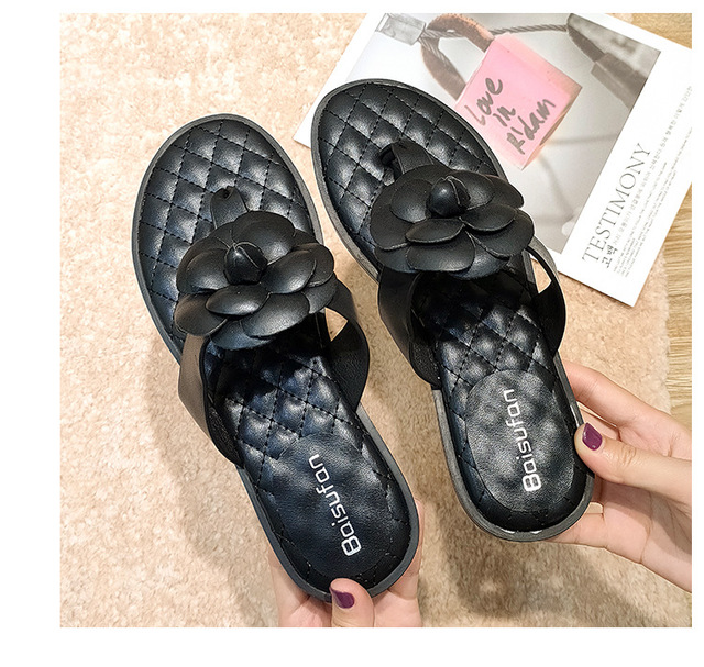 black/white camellia flip ps women plaid padded bottom flat sandals brand leather wer slides female beach jandal slippers c2c