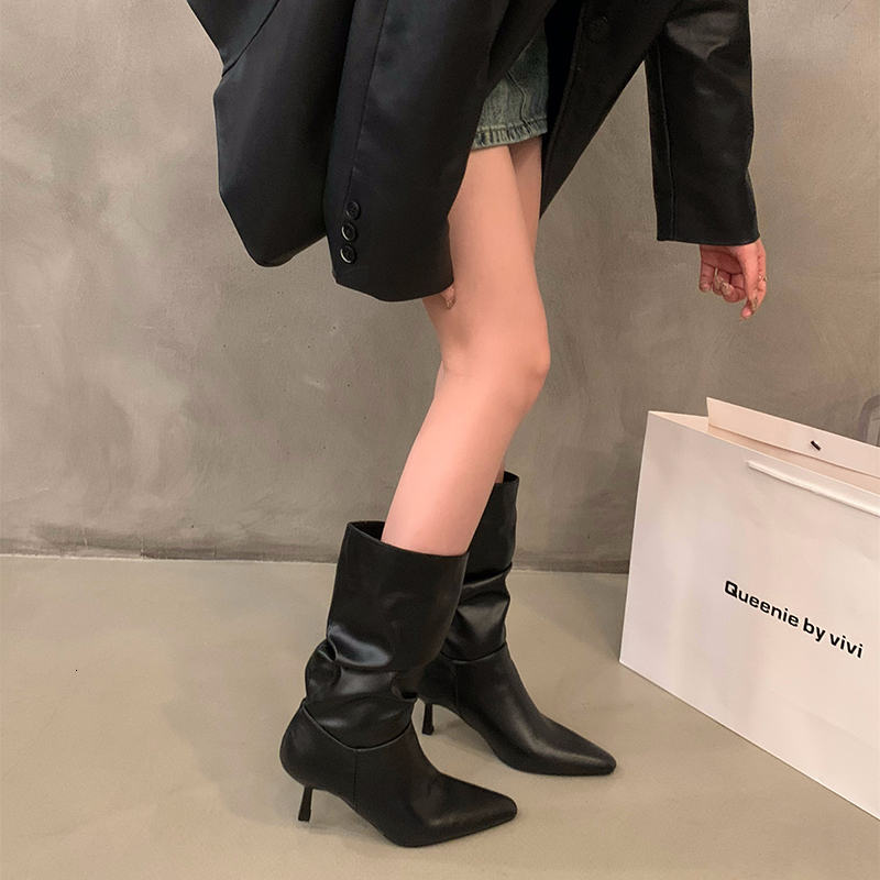 Designer Pleated Women Short Boots Fashion Elegant Pointed Toe Shoes Thin High Heels Ladies Knight Mid Calf Booties