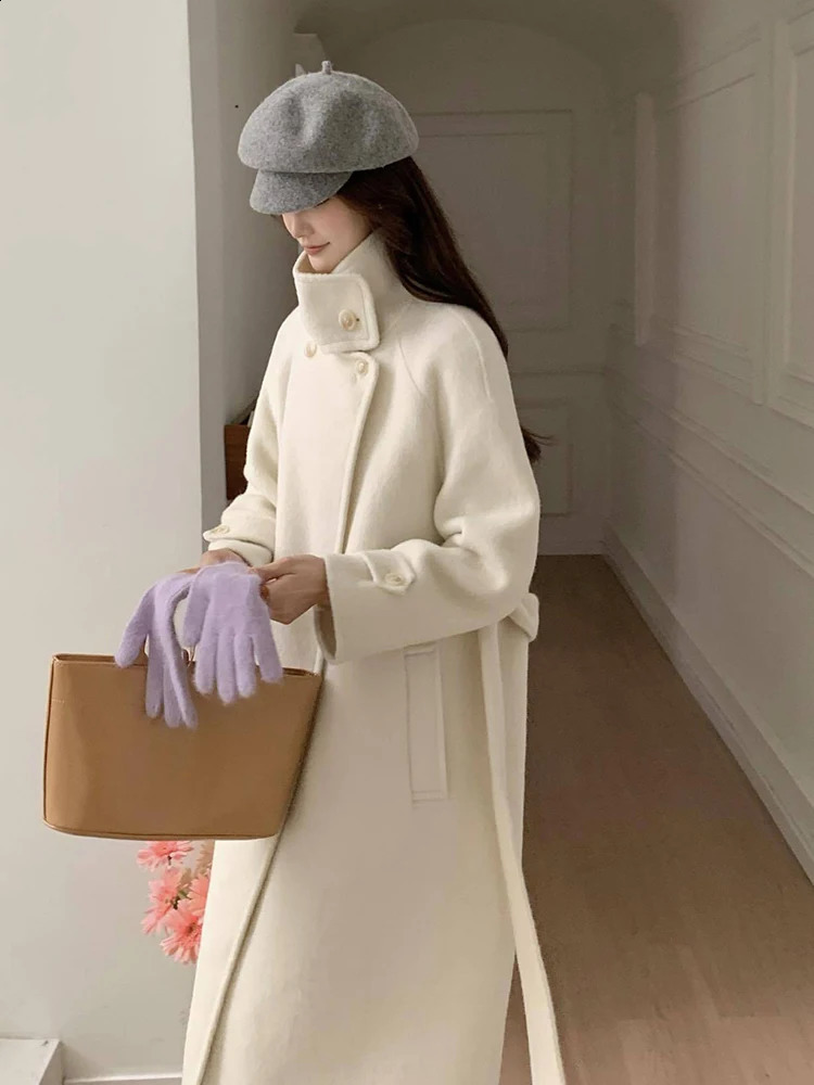 LANMREM Fashion Double Sided Woolen Coat Women Stand Collar Coats With Belt Office Lady Warm Clothes Winter 2Z2638 240830 - view 4