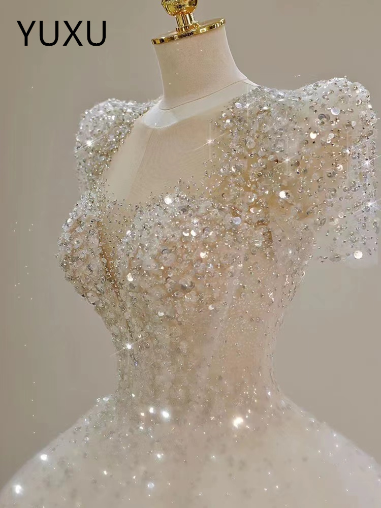 Elegant luxury Wedding Dresses Short Sleeves Lace Up A Line Court Train Custom Made boho Wed Dress Sweetheart Princess Illusion Applique Bridal Gowns 