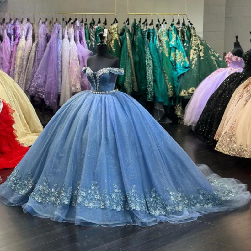 Blue Off The Shoulder Quinceanera Dresses Ball Gown ral Appliques Lace Beads Crystal Tull Corset For Sweet 16 Dress Vestidos De 15 Anos