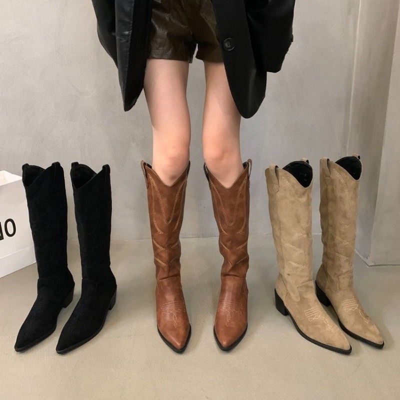 Women Cowboy Boots Fashion Square Low Heel Ladies Elegant Slip On Long Booties Winter Pointed Toe Women's Footwear
