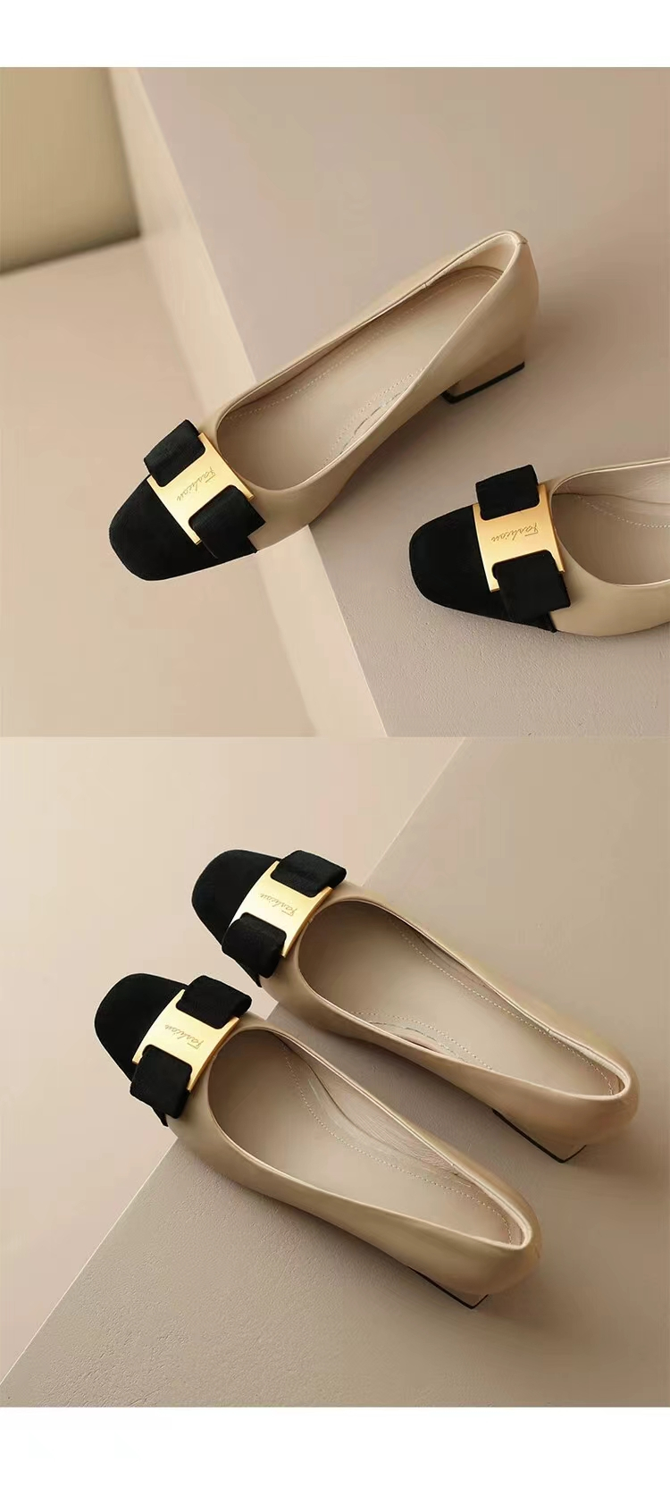 Women's Leather Pumps: Classic Bow Decor, Thick Heel, Square Toe, Elegant Office Shoes dh910320090