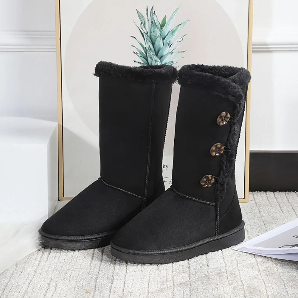 PU Long For Women Leather Faux Fur Snow Boots Calf Length Windproof Cotton Shoes College Winter Footwear 240830