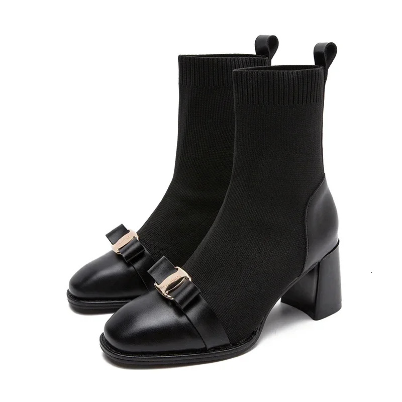 Women Knit Ankle Boots Fashion Metal Decoration Slimming Short Booties Autumn Winter Female Thick Heel Shoes