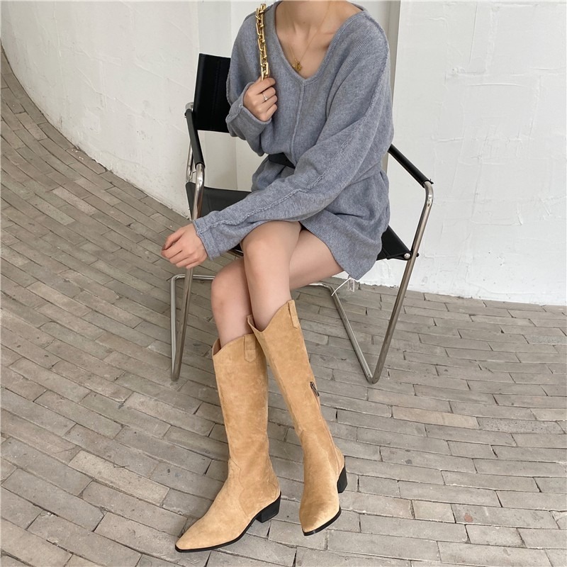 Western Embroidered Zipper Women Autumn Pointed Toe Thick Heel High Knee Boots Woman Suede Fabric Long Botas Mujer Q319 104e
