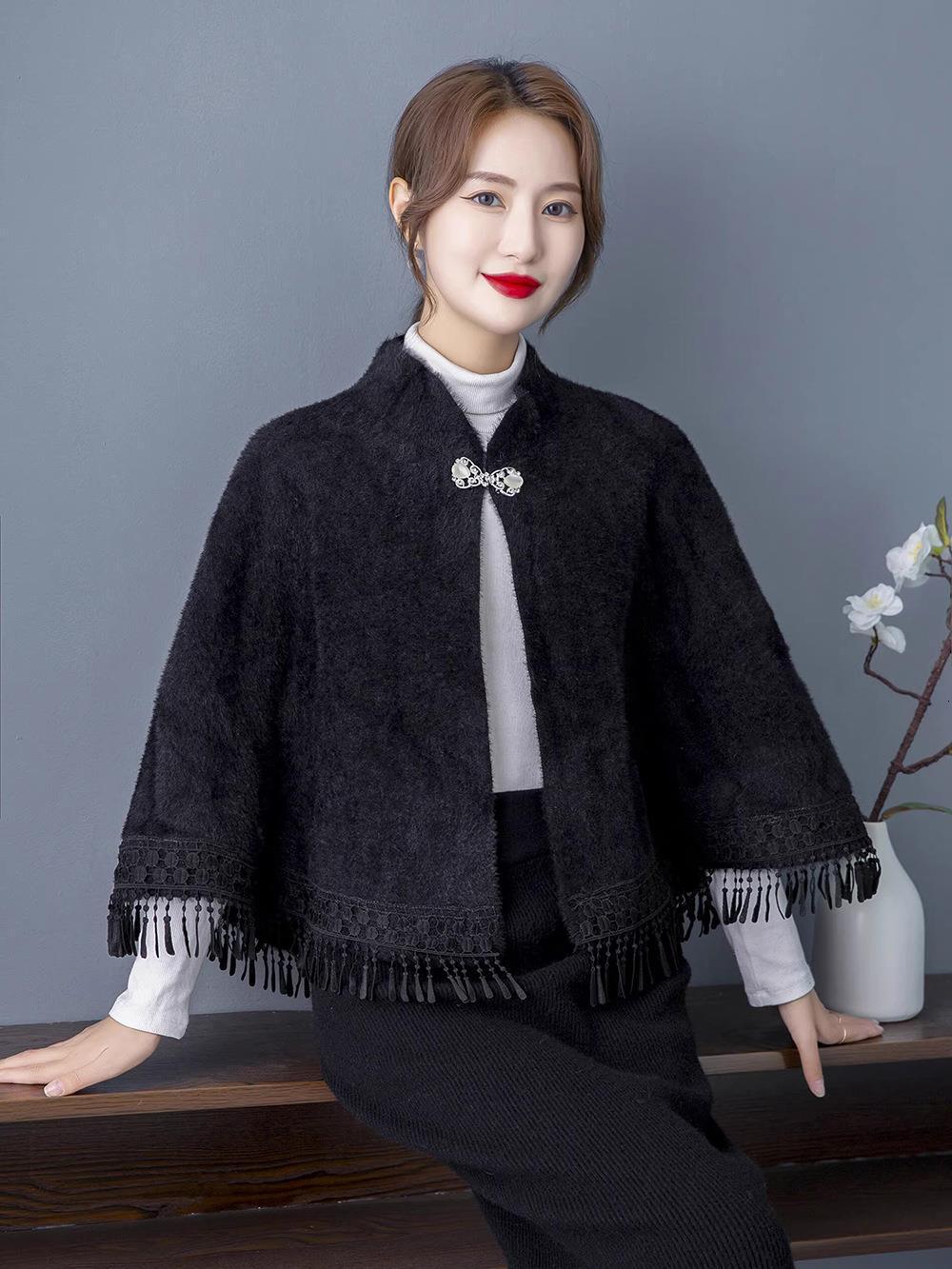 Mink Fur Knitted Shawl Womens Autumn and Winter Cape Stylish Wedding Outfit Paired with Cheongsam Cardigan and Tassel Camisole Jacket