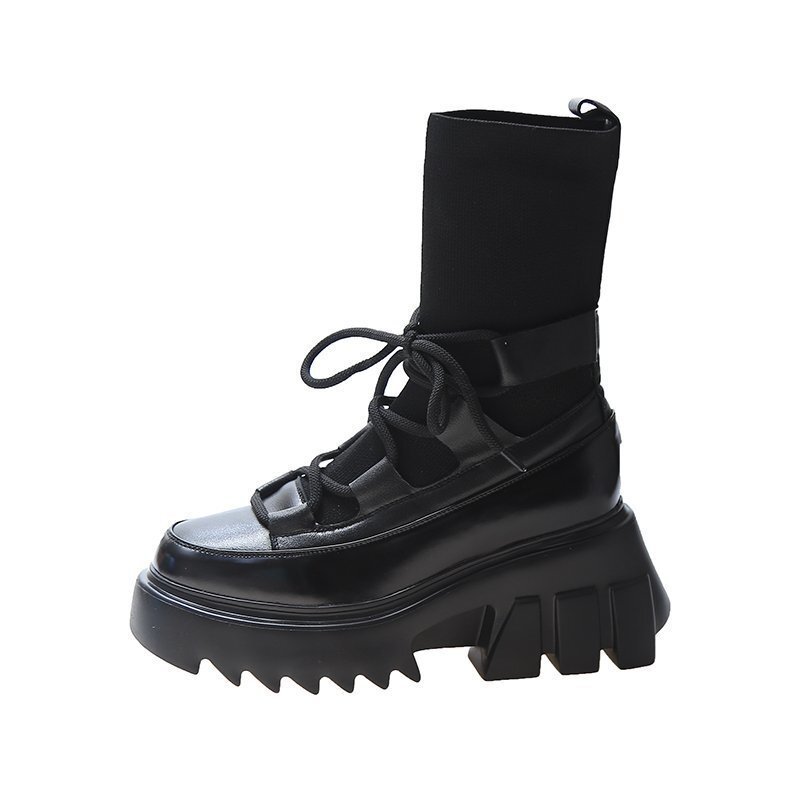 Women's Korean round toe lace up knitted casual fashion short boots